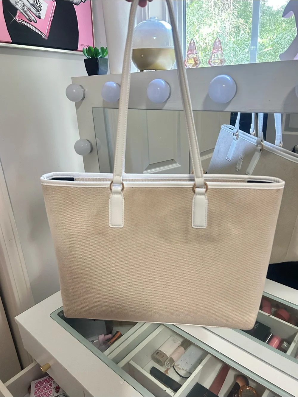 Light Beige Canvas Tote Bag with Black Interior